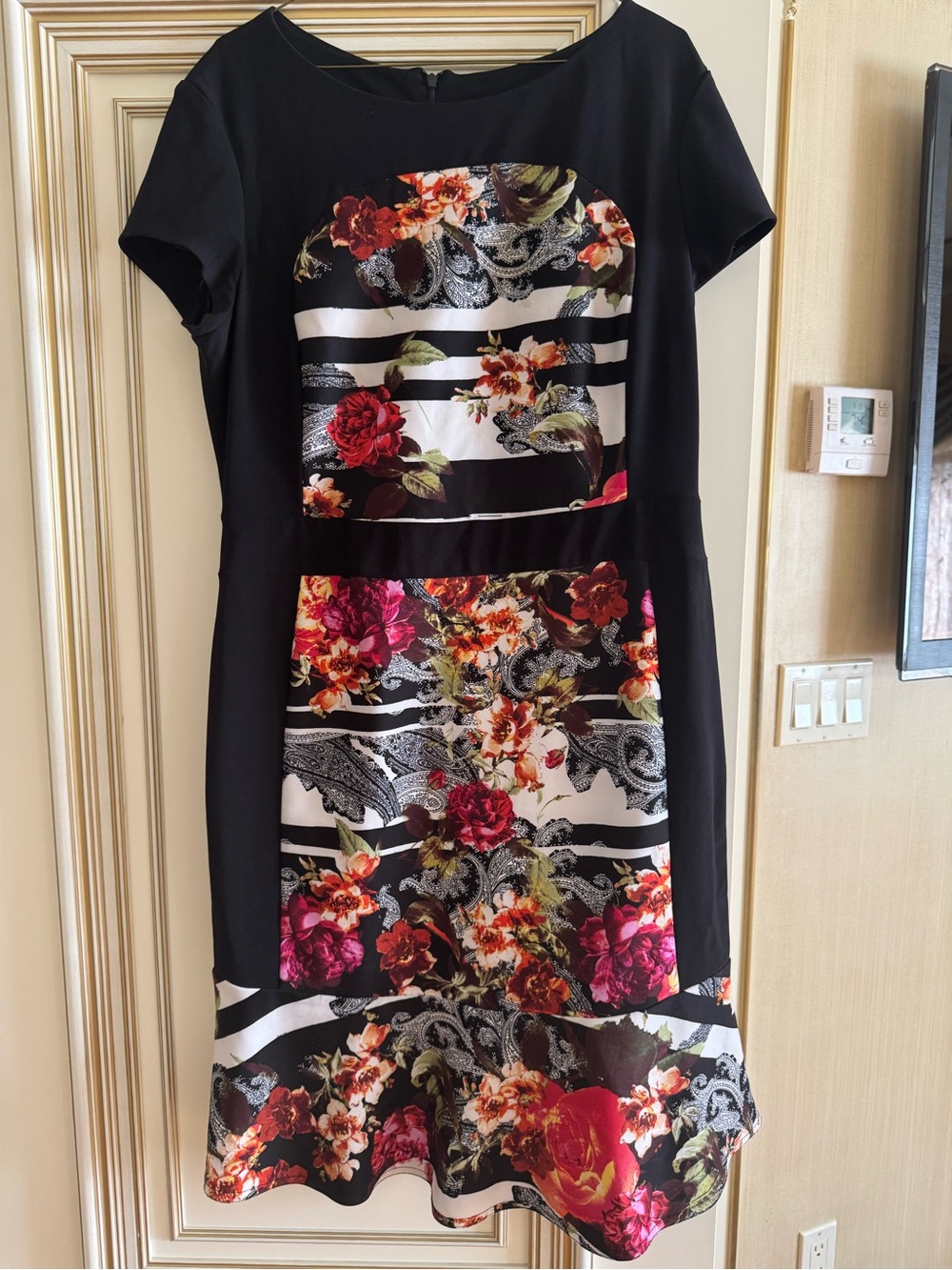 Joseph Ribkoff Black Dress with Striped Floral Panels